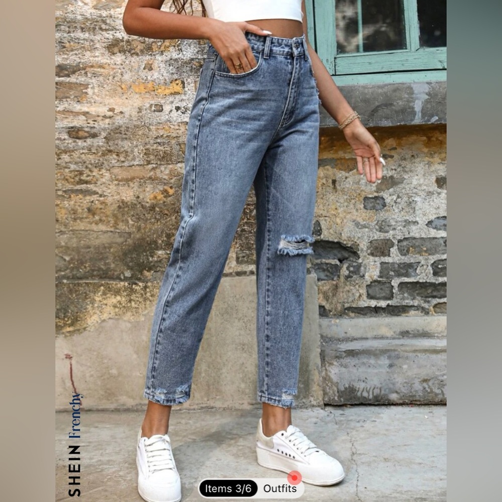 SHEIN frenchy high waist ripped frayed hem mom jeans XS